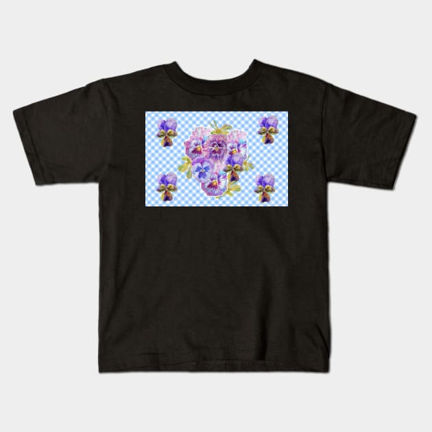 Shabby Chic Blue Gingham Purple Pansy Pattern Kids T-Shirt by SarahRajkotwala